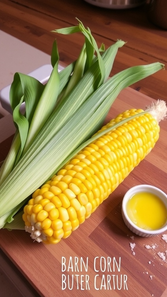 Fresh corn on the cob in husk on a cutting board with melted butter and salt.